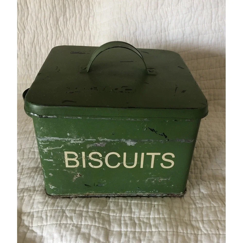 VTG Two's Company Green Metal Canisters Bread, Crackers & Biscuits Farmhouse